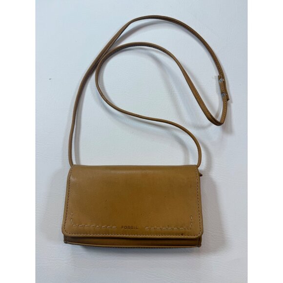 Vintage Fossil Tan Leather tri-fold Crossbody Wallet With Multiple Card Slots - Picture 1 of 8